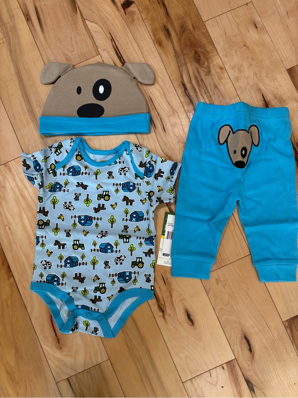 Blue Puppy Print Baby One-Piece Set with Hat and Pants